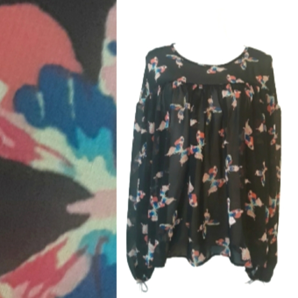Bellino USA Sheer Babydoll Blouse with Butterfly Print - Size XL Black